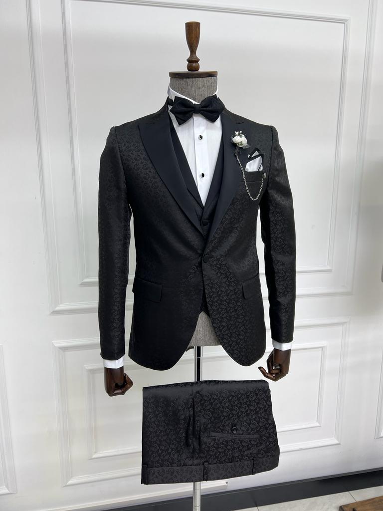 Sorento Black Slim Fit Floral Peak Lapel Tuxedo - Premium Formalwear for Men