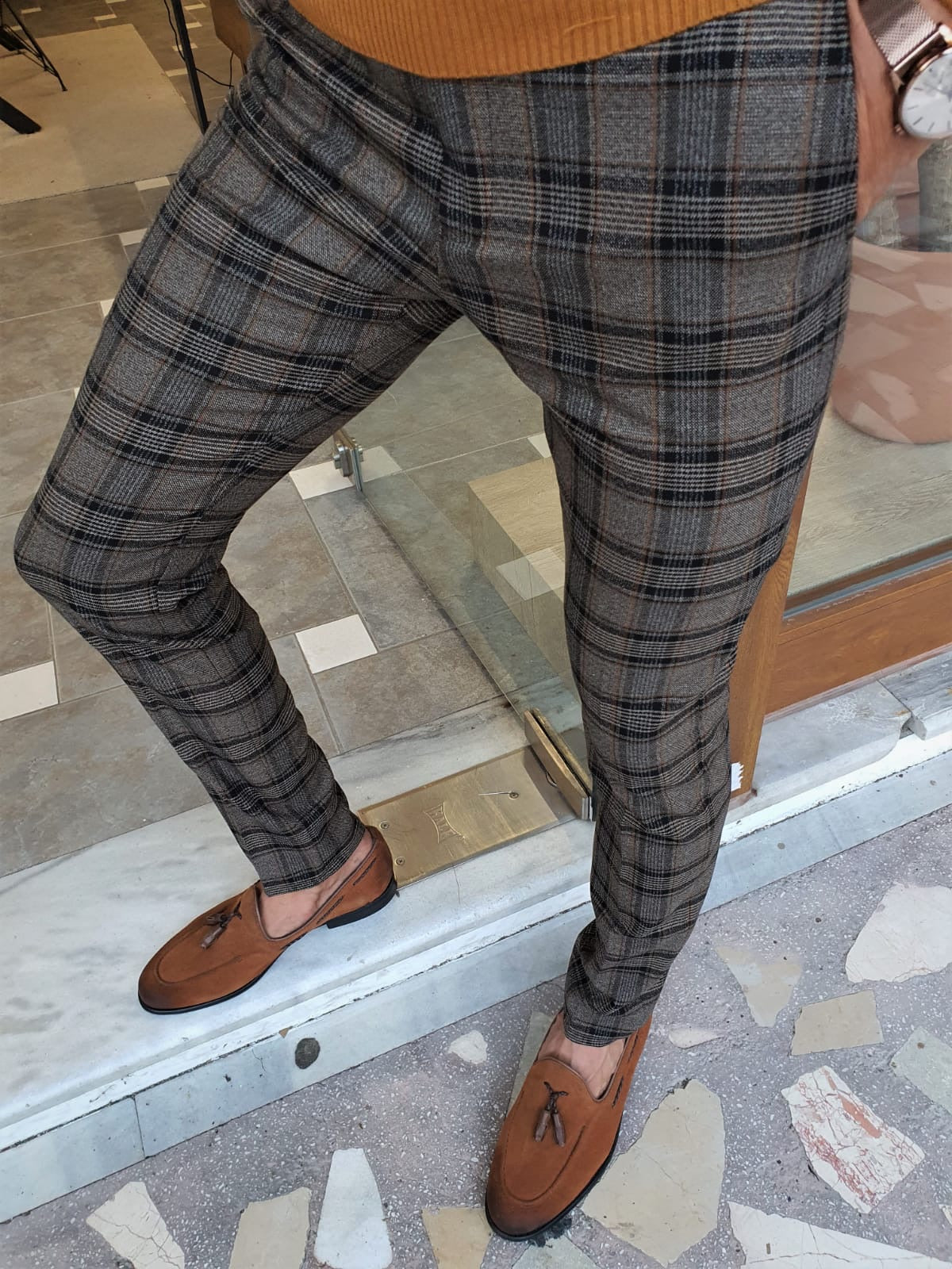 Henderson Camel Slim Fit Plaid Pants for the Modern Man