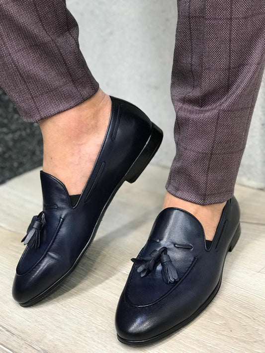 Tassel Leather Navy Loafers