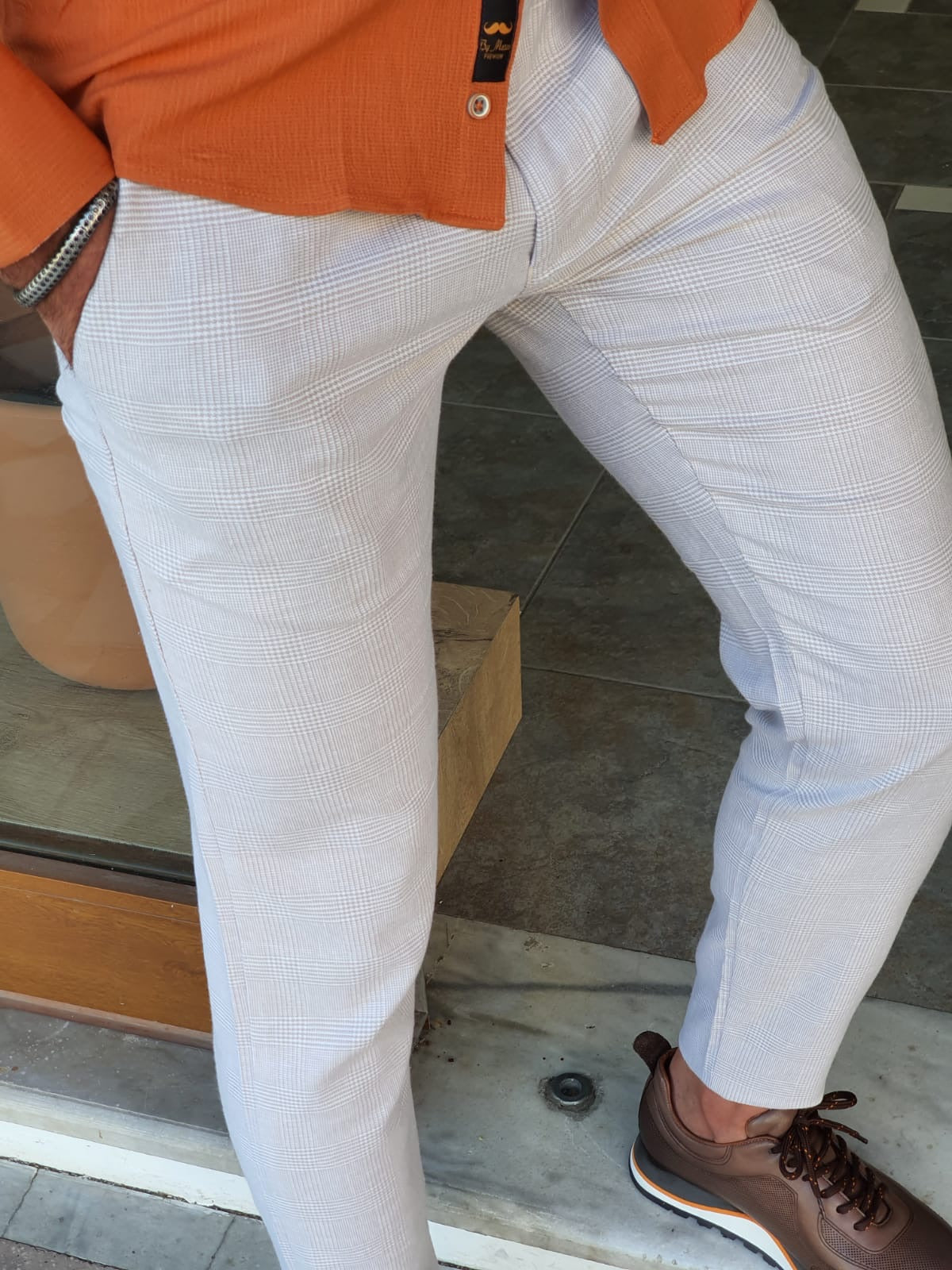 Bristol Beige Slim Fit Plaid Cotton Pants