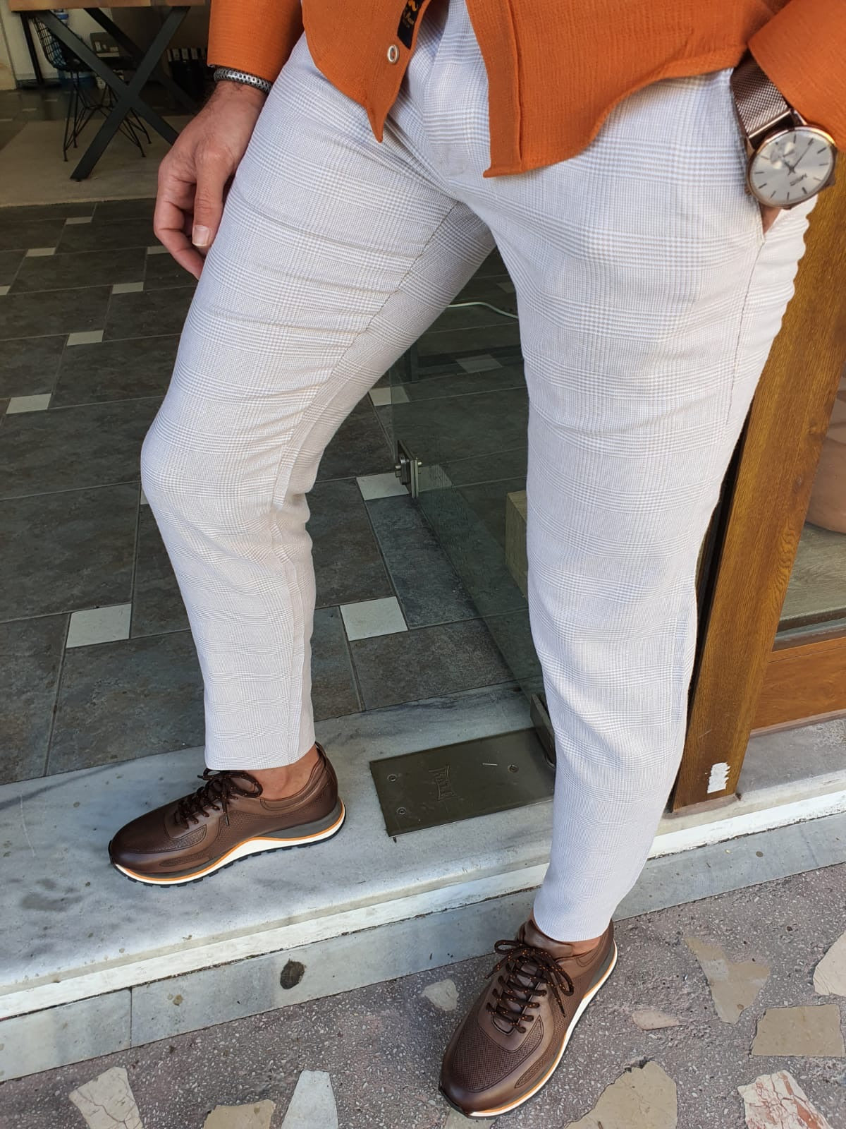 Bristol Beige Slim Fit Plaid Cotton Pants