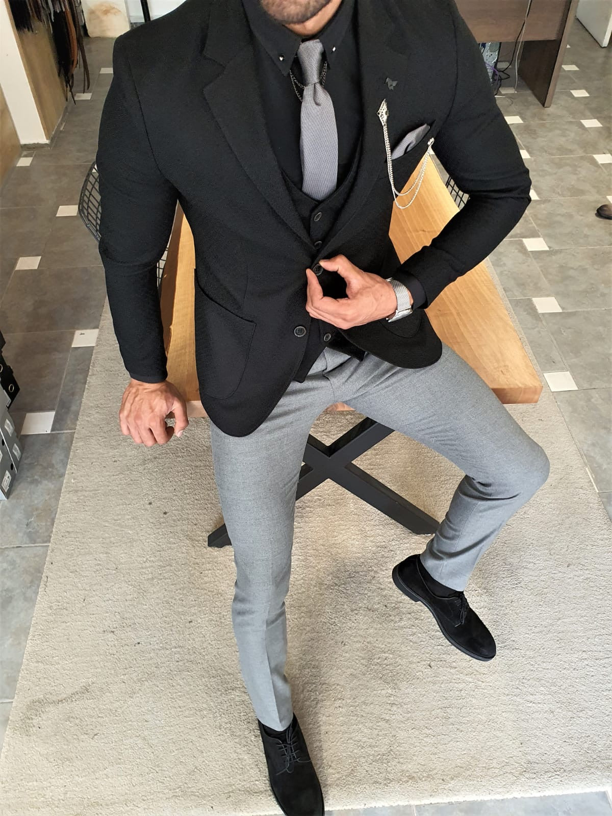 Henderson Jet Black Slim Fit Three-Piece Suit