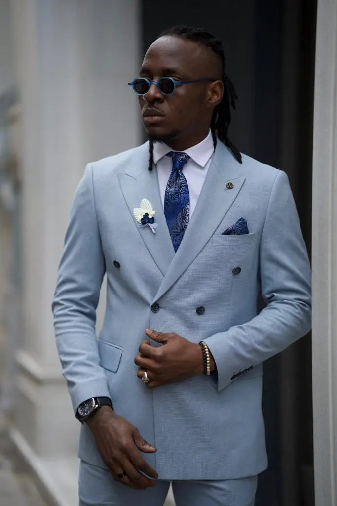 Sorento Sky Blue Slim Fit Double Breasted Linen Suit brabion