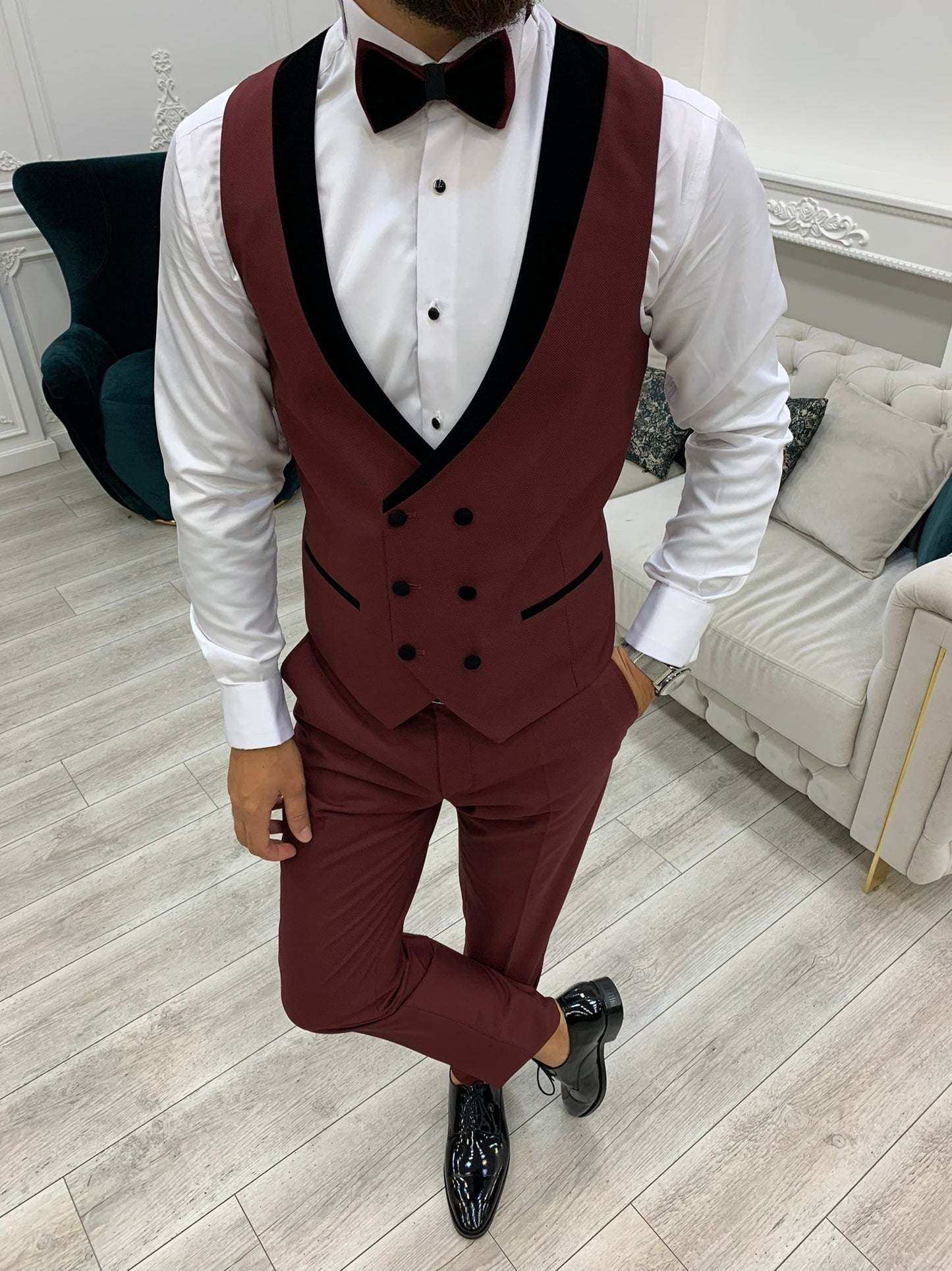 Lazio Burgundy Slim Fit Velvet Shawl Lapel Tuxedo