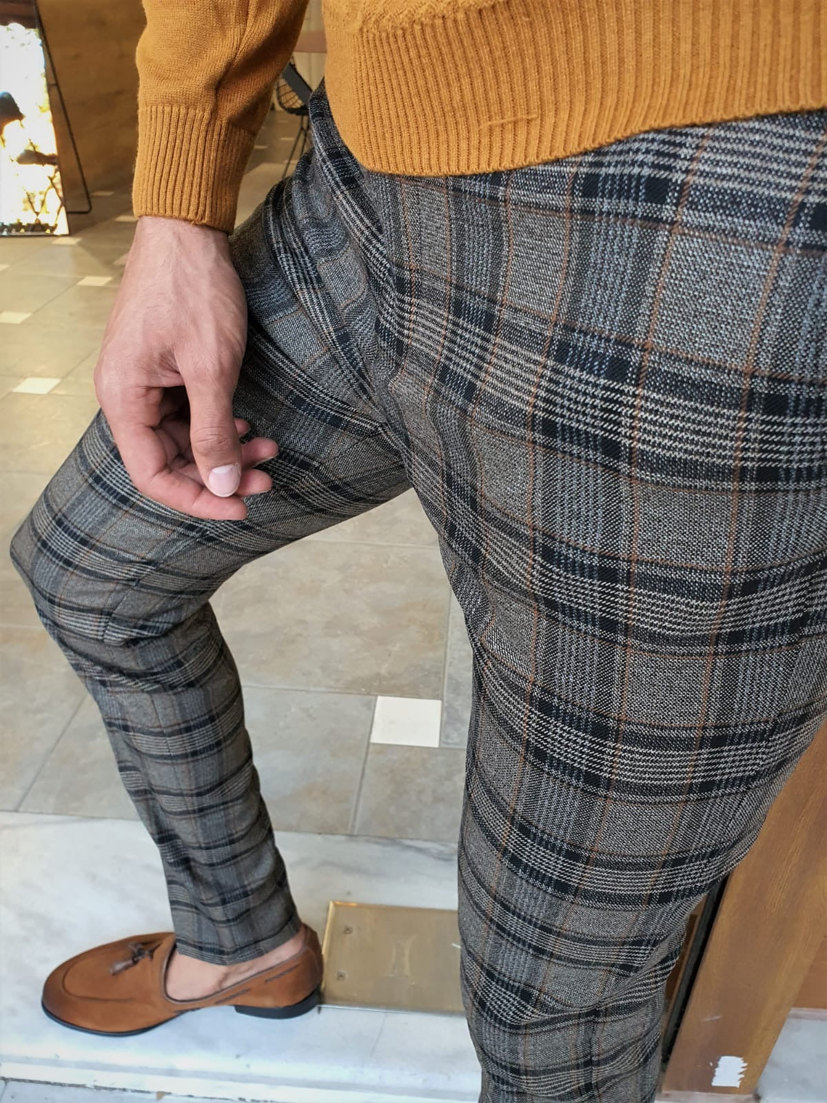 Henderson Camel Slim Fit Plaid Pants for the Modern Man