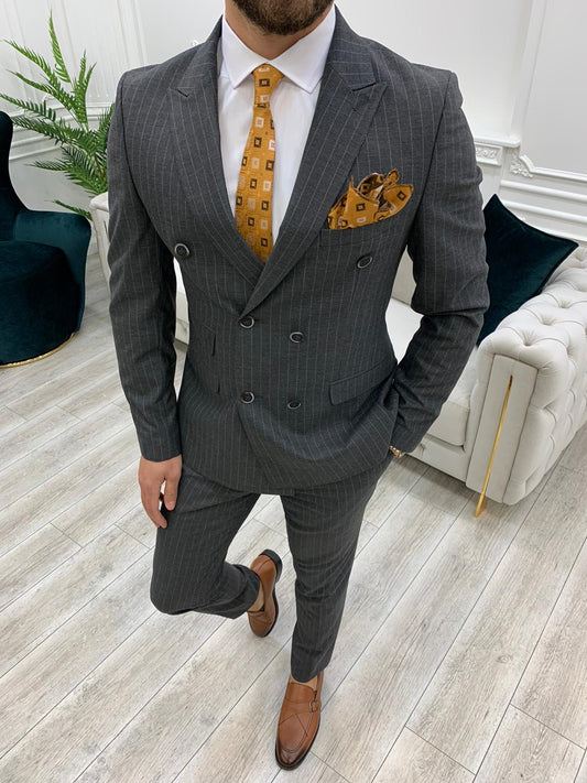 Milano Gray Slim Fit Double Breasted Pinstripe Suit
