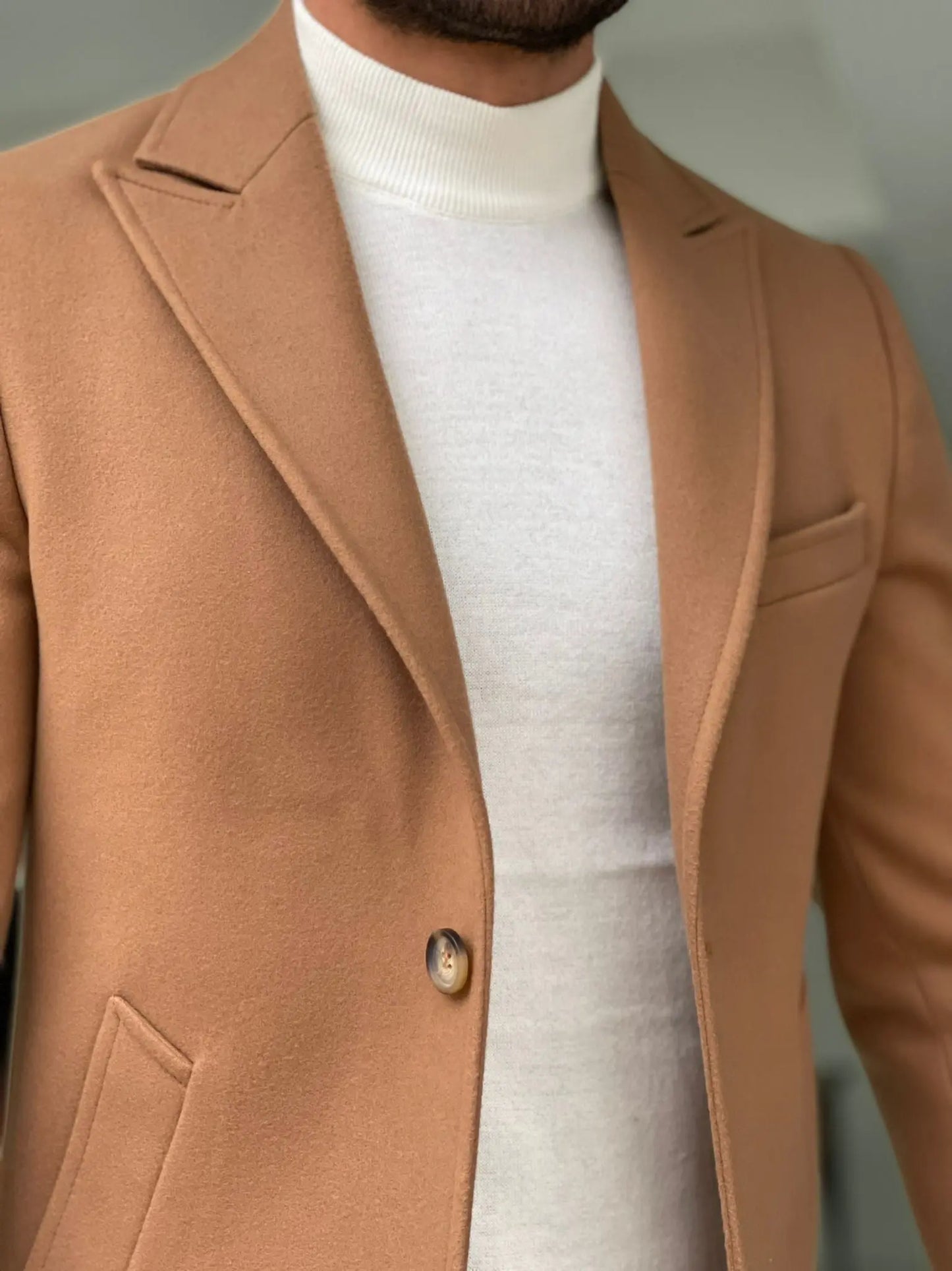 Viena Camel Slim Fit Wool Long Coat - BRABION
