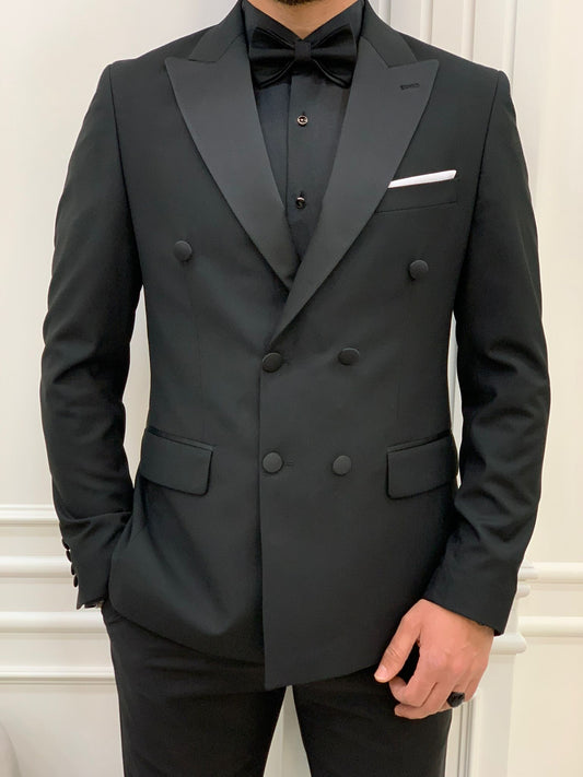 Forte Black Slim Fit Double Breasted Peak Lapel Tuxedo