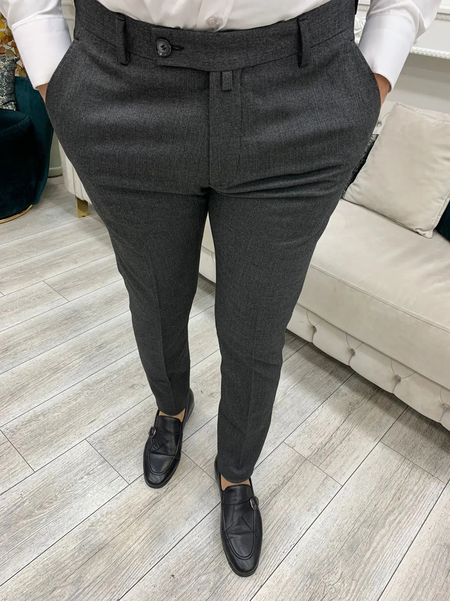 Versatile Grey Slim Fit Italian Trousers for Men - Comfort & Style BRABION Versatile Grey Slim Fit Italian Trousers for Men - Comfort & Style BRABION