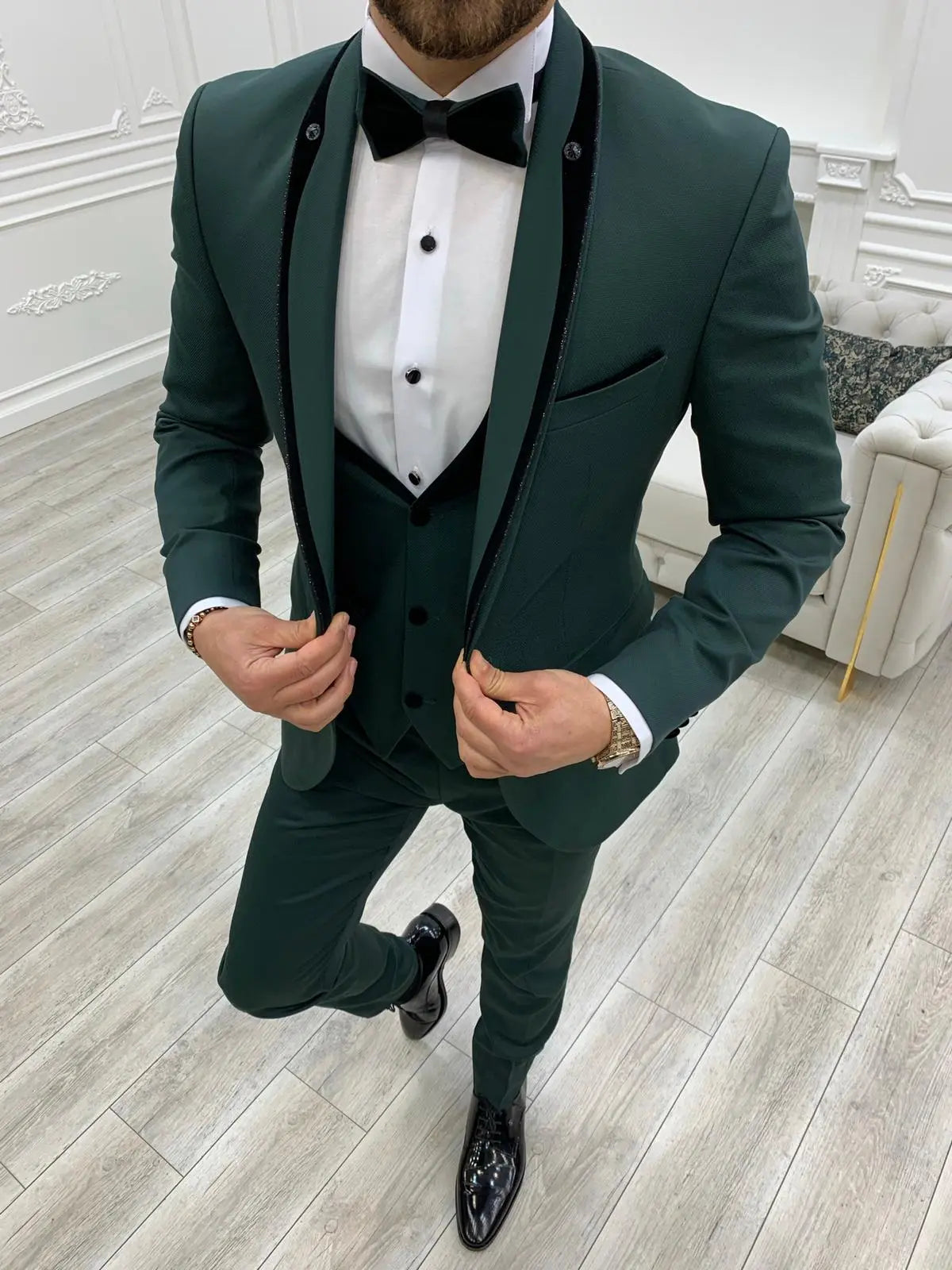 Caesar Green Slim Fit Velvet Shawl Button Lapel Tuxedo - BRABION