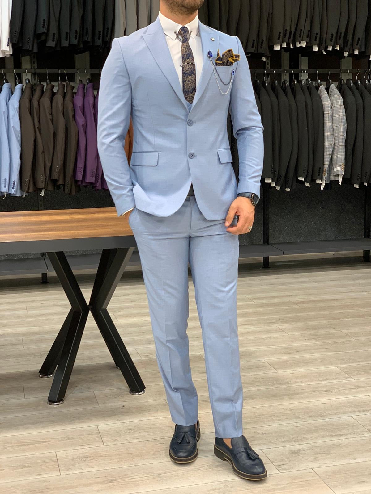 Eros Sky Blue Slim Fit Wool Suit for Every Occasion