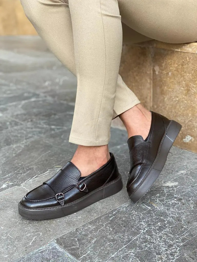 Remy Brown Double Monk Strap Loafers - Elegant Leather Footwear for Men - BRABION