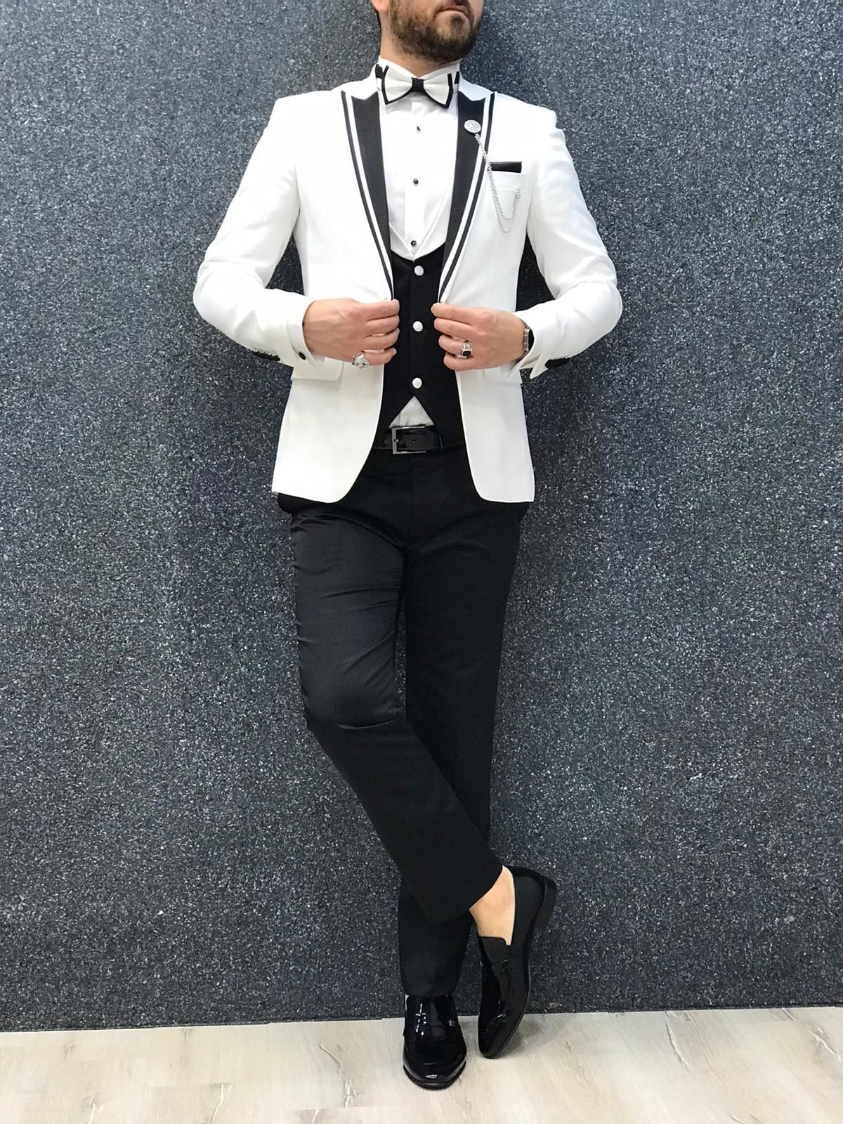 Infinite White Tuxedo with Black Vest - Timeless Elegance for Men