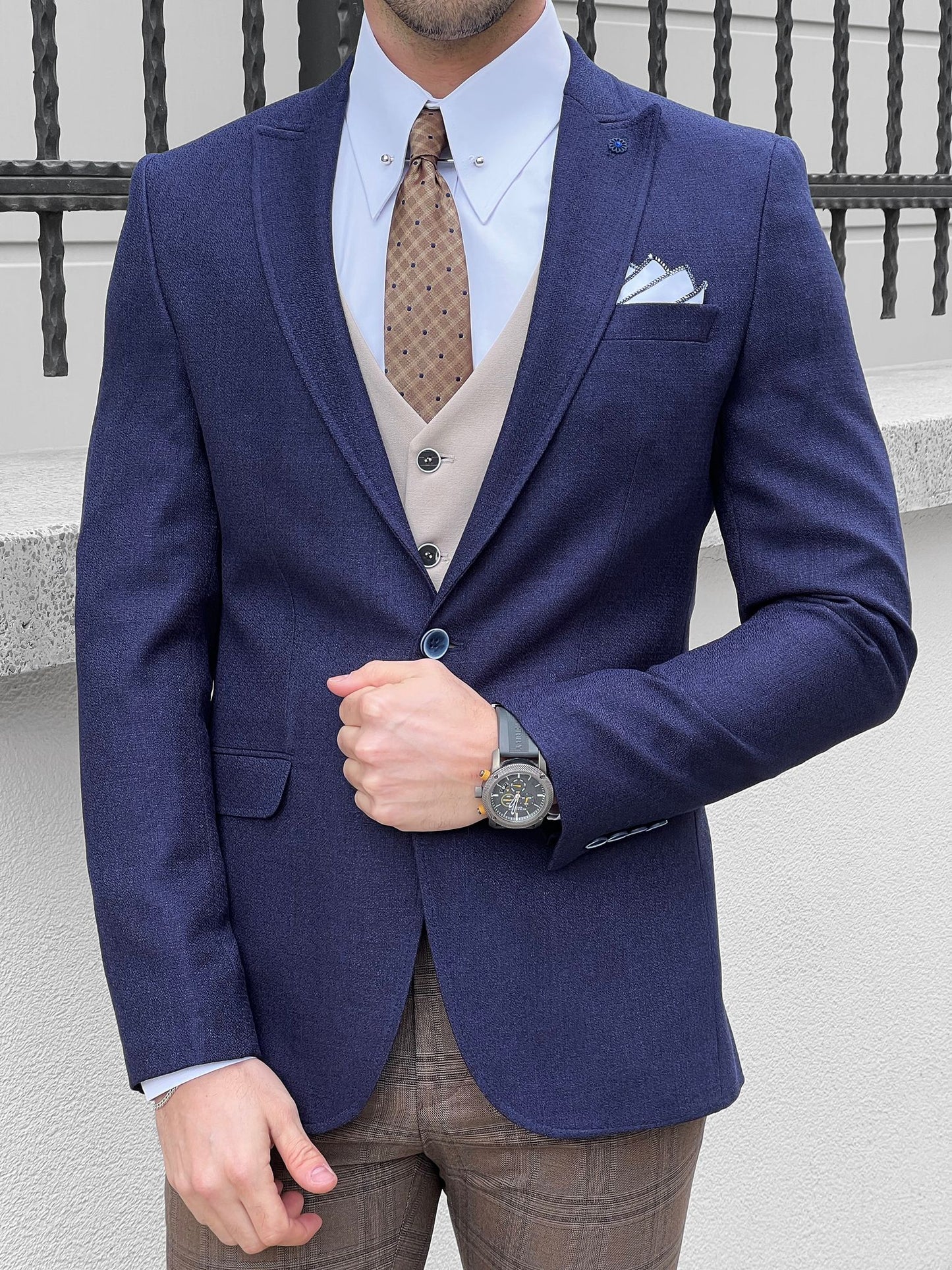 Eros Navy Blue Slim Fit Peak Lapel Wool Blazer