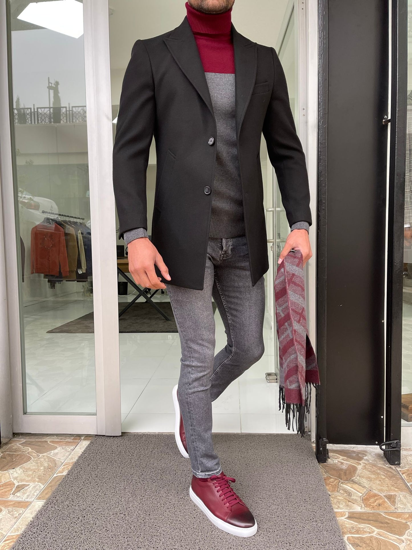 Viena Black Slim Fit Wool Long Coat