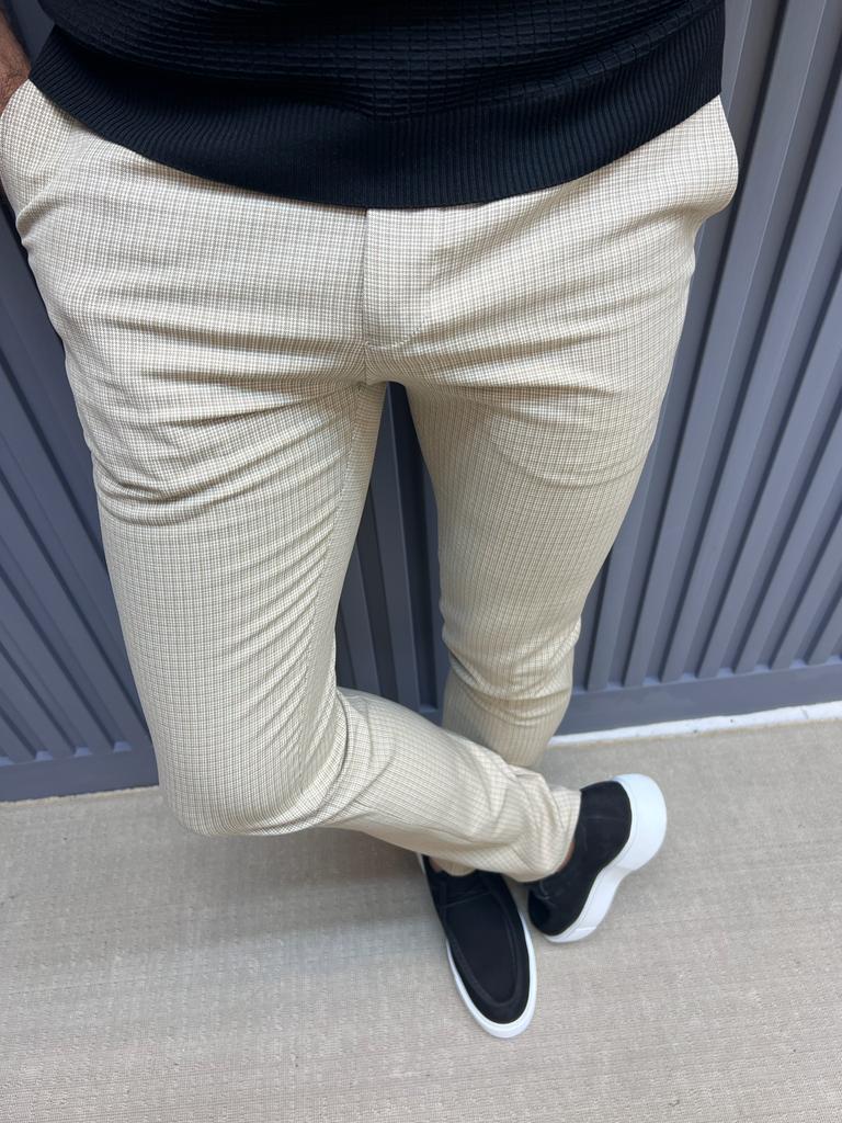 Sorento Beige Slim Fit Plaid Cotton Pants