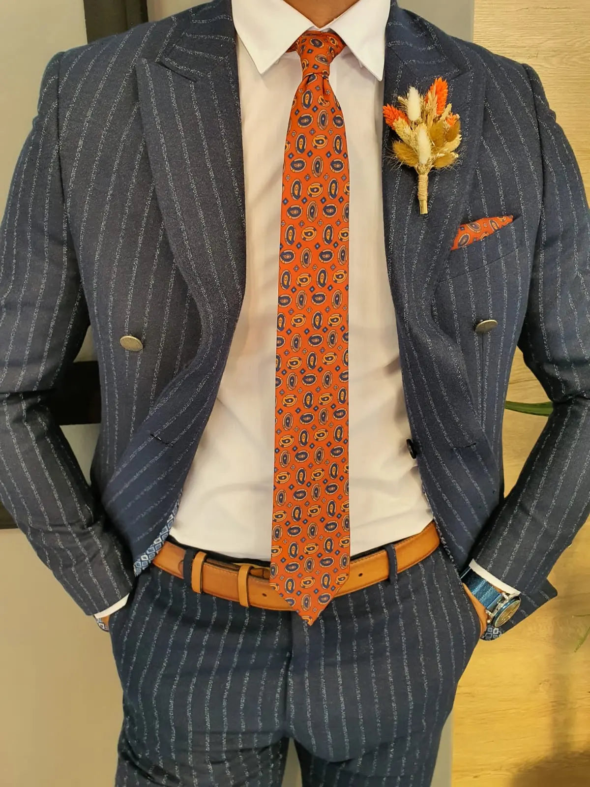 Men's Navy Blue Pinstripe Double Breasted Suit BOJONI