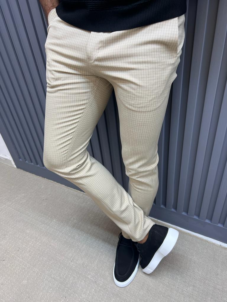 Sorento Beige Slim Fit Plaid Cotton Pants