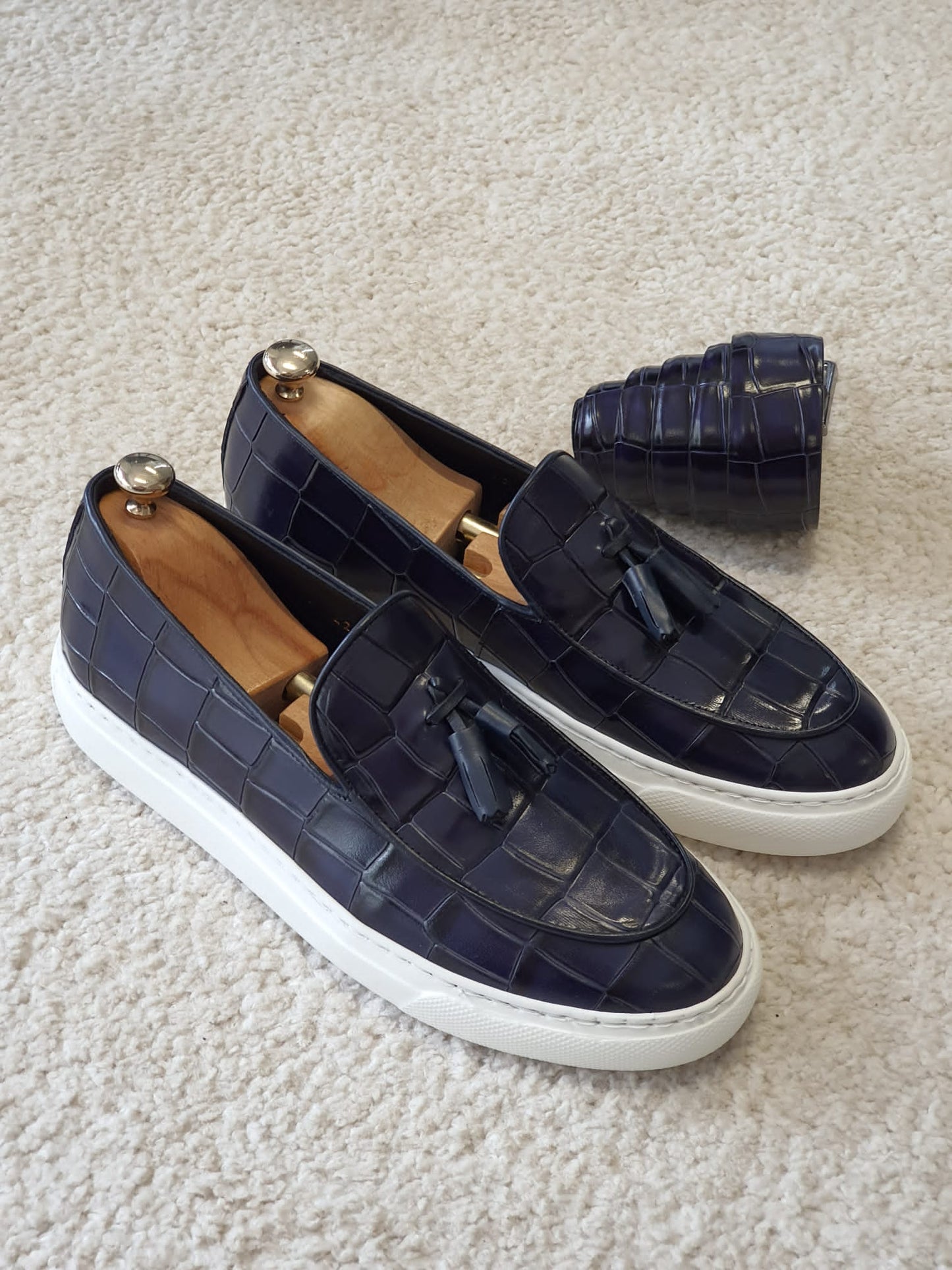 Berton Navy Blue Tassel Loafers: Sophisticated Elegance