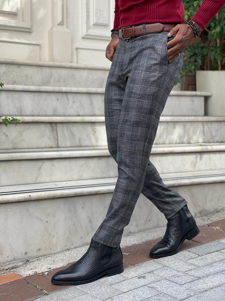 Lazio Black Slim Fit Plaid Pants