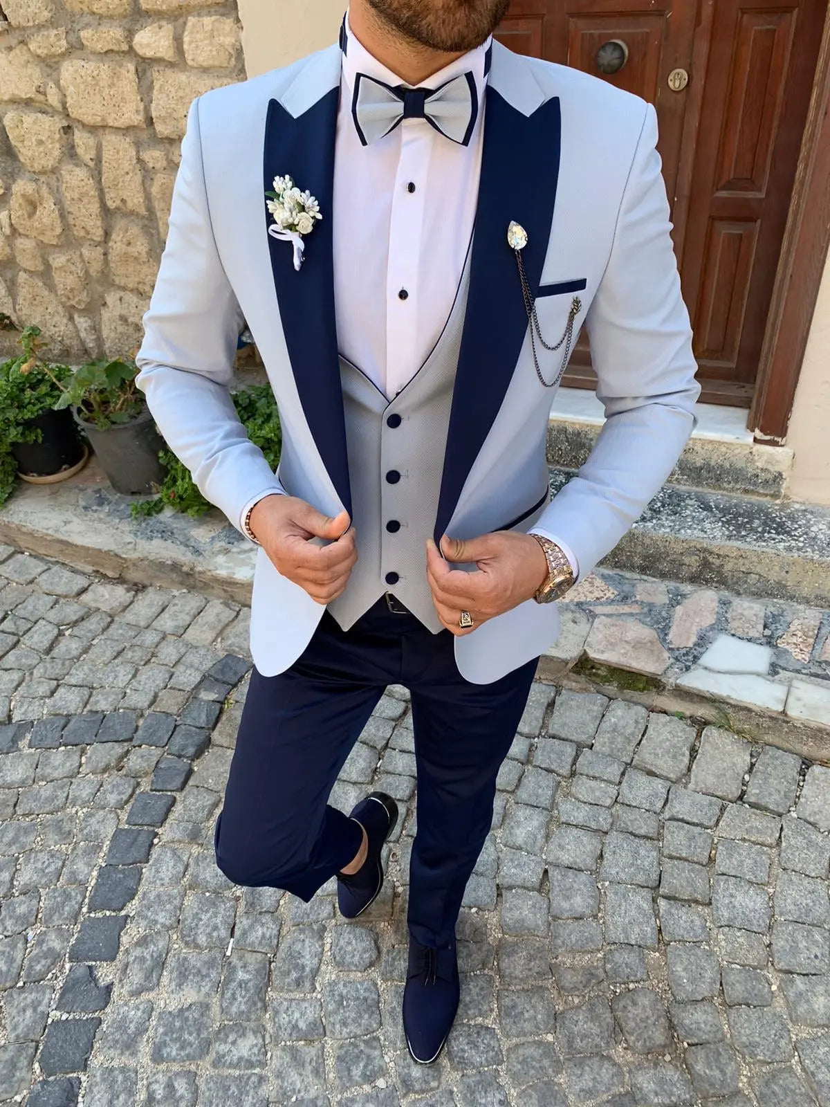 Wilson Sky Blue Slim Fit Peak Lapel Tuxedo: Perfect for Formal Occasions - BRABION