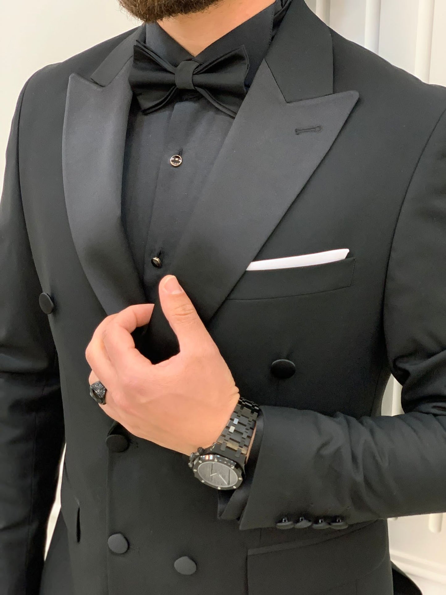 Forte Black Slim Fit Double Breasted Peak Lapel Tuxedo