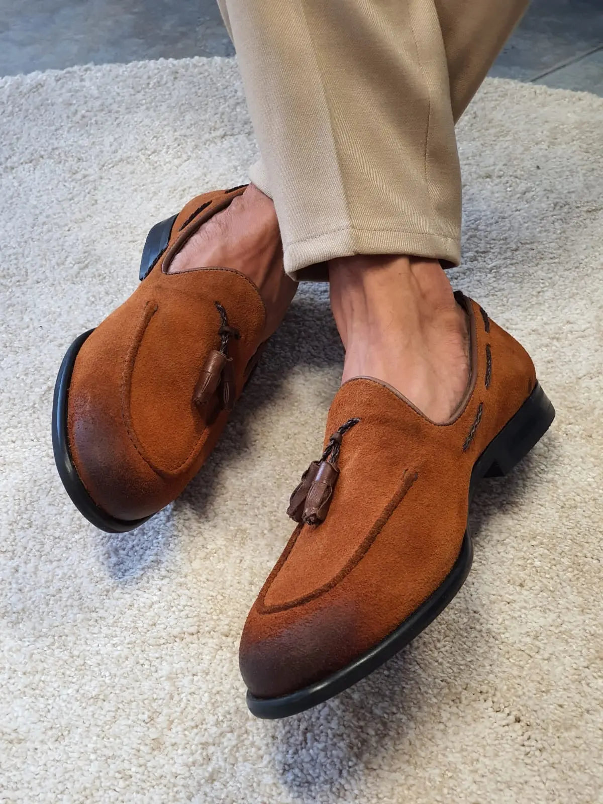 Stefano Tan Suede Tassel Loafers - Elevate Your Style - BRABION