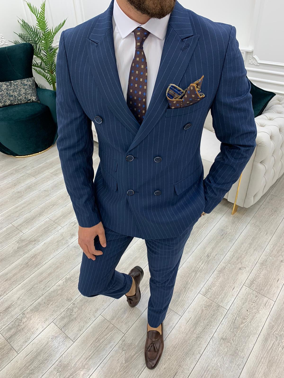 Milano Navy Blue Slim Fit Double Breasted Pinstripe Suit