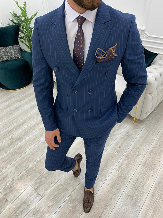 Milano Navy Blue Slim Fit Double Breasted Pinstripe Suit