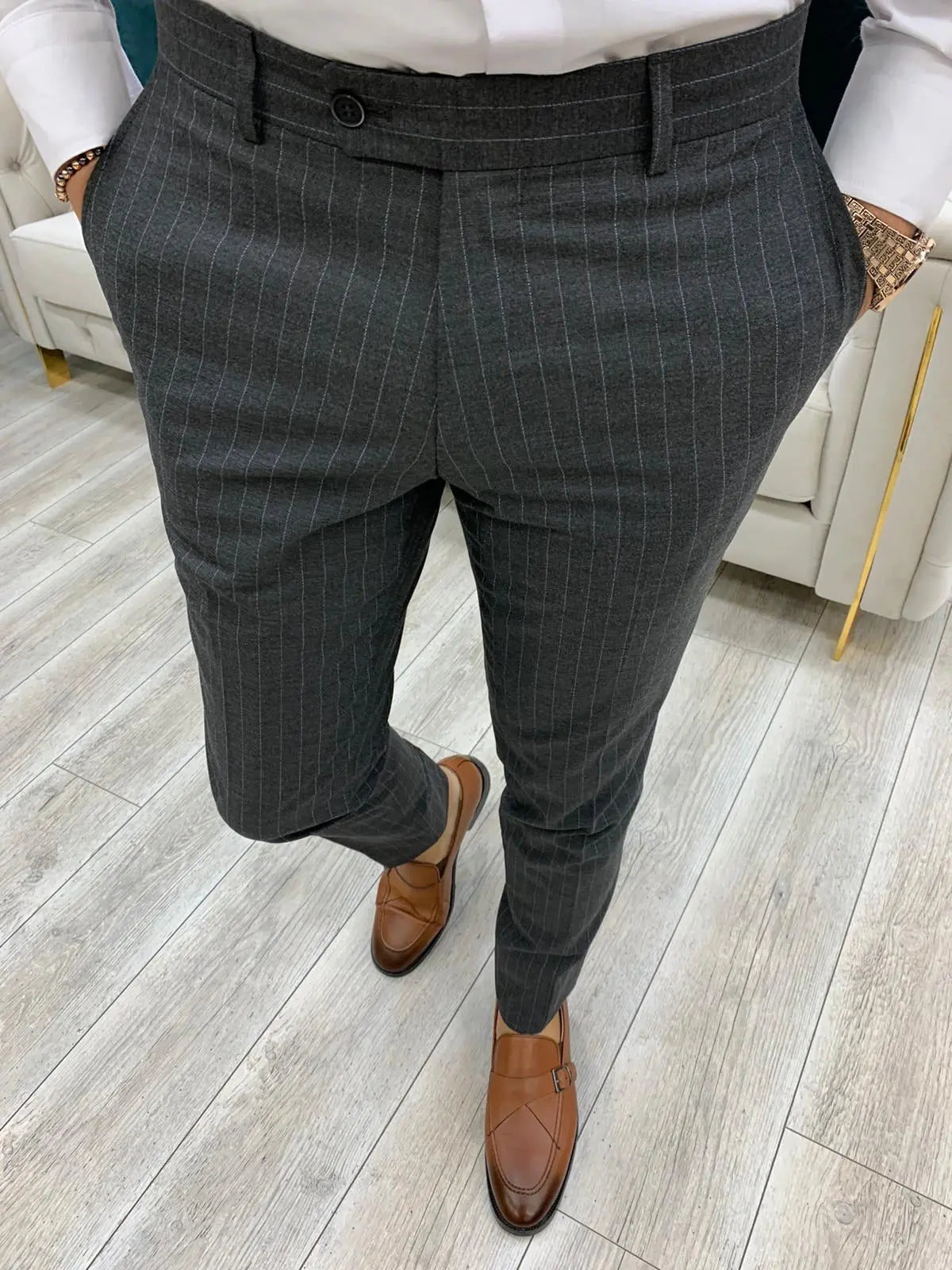 Milano Gray Slim Fit Double Breasted Pinstripe Suit BOJONI