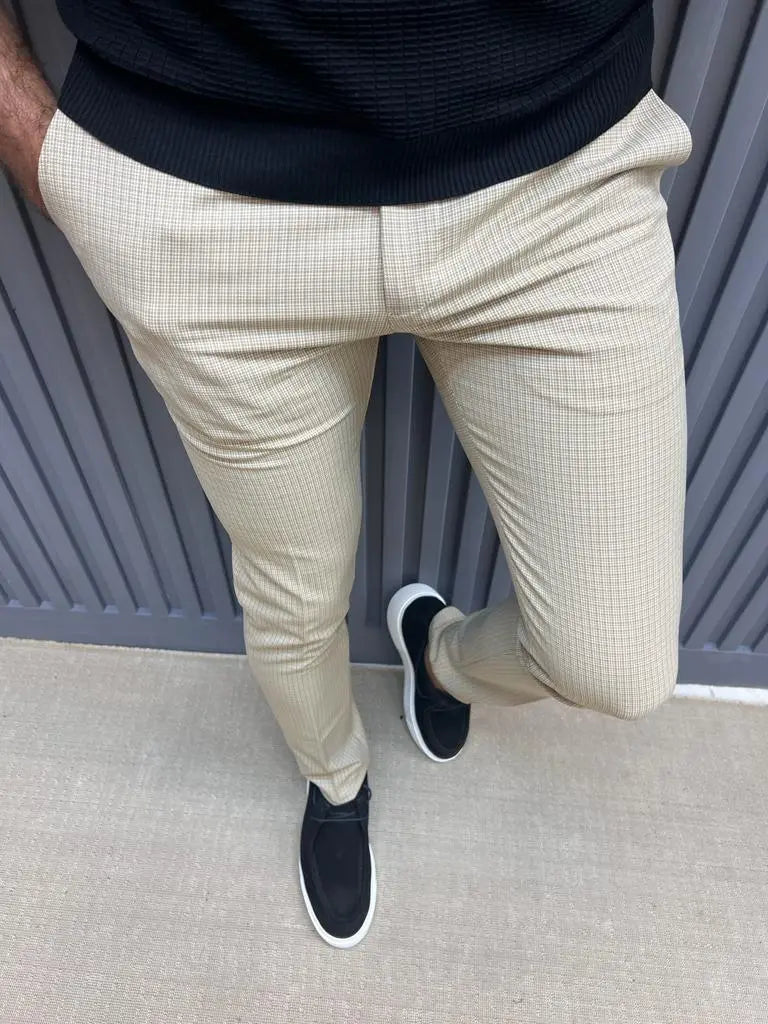 Sorento Beige Slim Fit Plaid Cotton Pants - BRABION