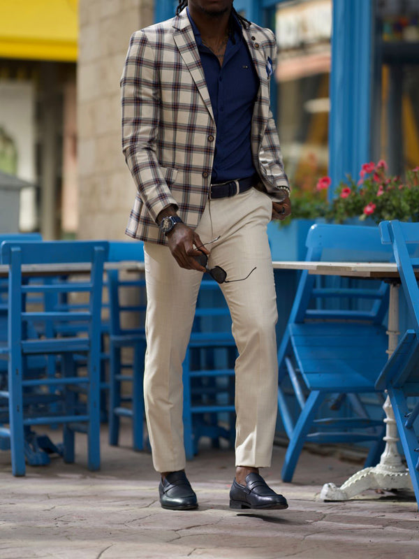 Evo Beige Slim Fit Notch Lapel Plaid Suit - Versatile Elegance for Every Occasion