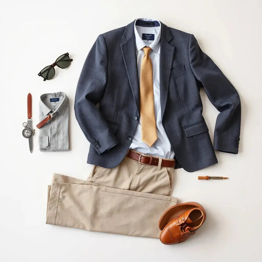 Neatly arranged suit jacket, dress shirt, tie, and trousers for formal wear styling on a budget