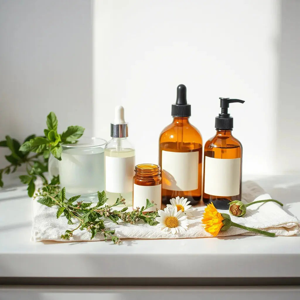Organic skincare bottles and jars on a clean vanity with fresh botanicals and soft natural light