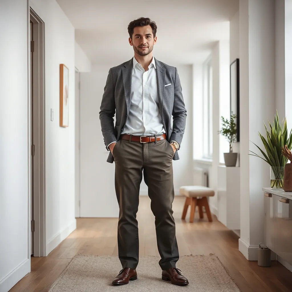Man wearing versatile dress pants with a crisp shirt and blazer in a modern, uncluttered setting