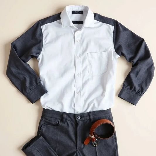 Neatly folded men’s long sleeve shirt with tailored trousers and belt on a light neutral background