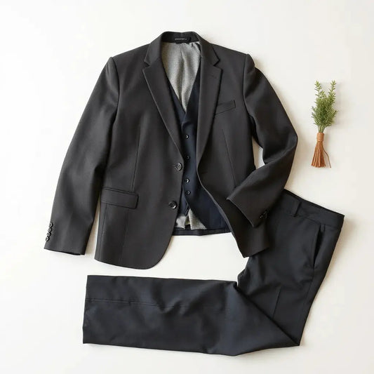 Neatly arranged tailored three-piece suit set with jacket, vest, and matching trousers on a neutral background.