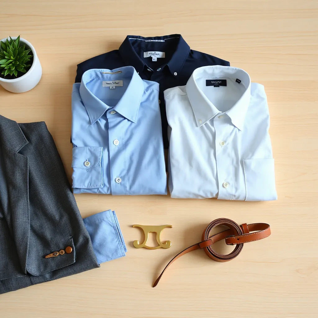 Neatly folded business casual shirts in neutral colors with a blazer and belt on a light wood desk