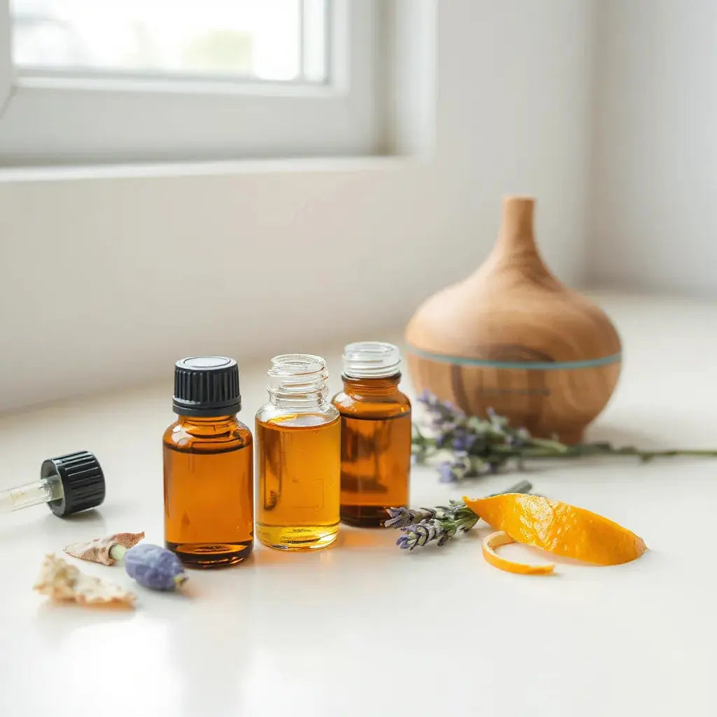 Essential oil bottles, a dropper, and dried lavender with soft natural light on a clean countertop
