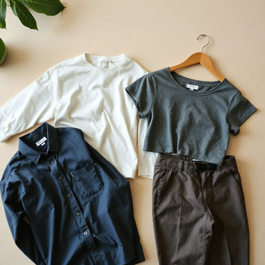 Neatly arranged shirt, tee, and pants showing smooth easy-care fabric textures in soft daylight