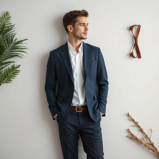 Navy slim fit blazer worn with a white dress shirt and dark trousers against a neutral background