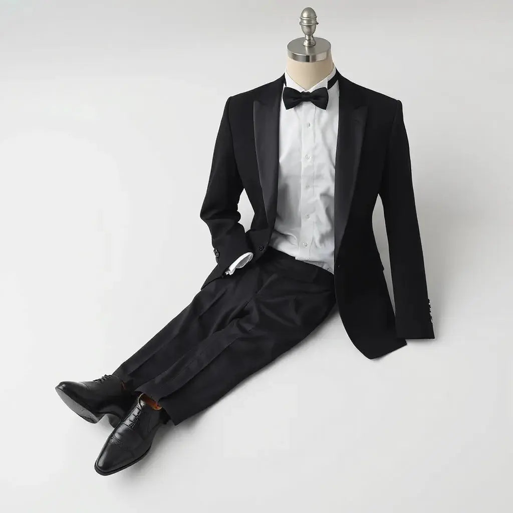 Mannequin wearing a black slim-fit tuxedo with satin lapels, bow tie, white shirt, and polished dress shoes