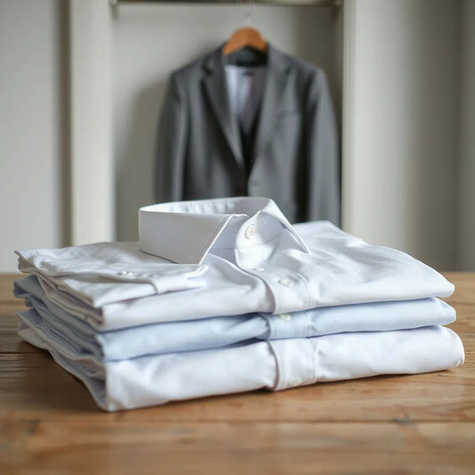 Neatly folded dress shirts with crisp collars and cuffs in neutral tones on a clean tabletop