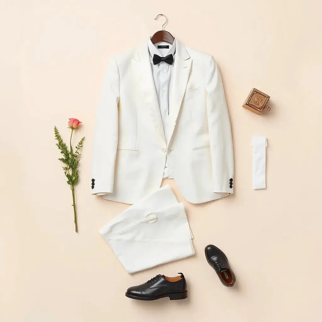 White slim-fit tuxedo ensemble with satin lapels, dress shirt, bow tie, and polished black shoes on a neutral background