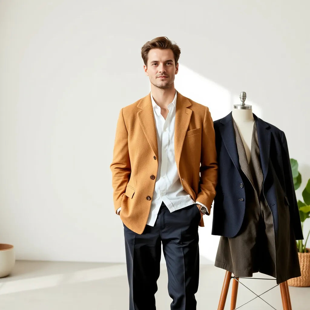Tailored blazers in navy and camel styled with a simple smart-casual outfit in a bright room
