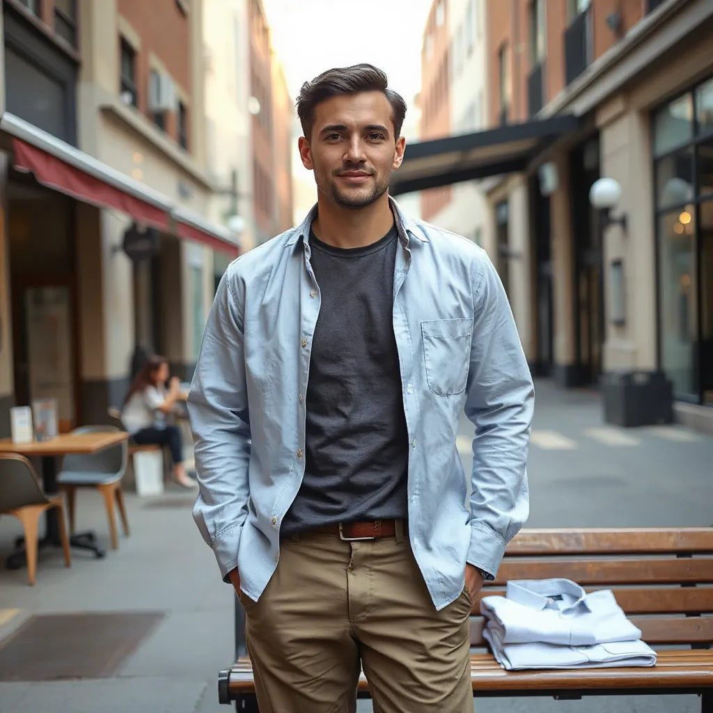 Man in a casual dress shirt styled with chinos, with a neatly folded shirt in the background.