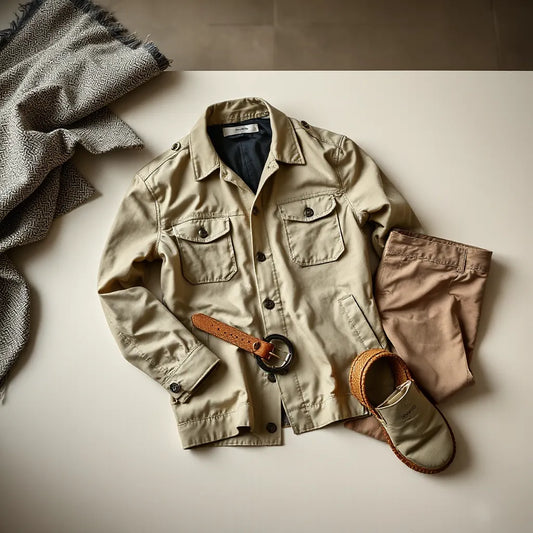 Men's safari jacket in earthy tones laid out with khaki pants and a belt on a neutral background