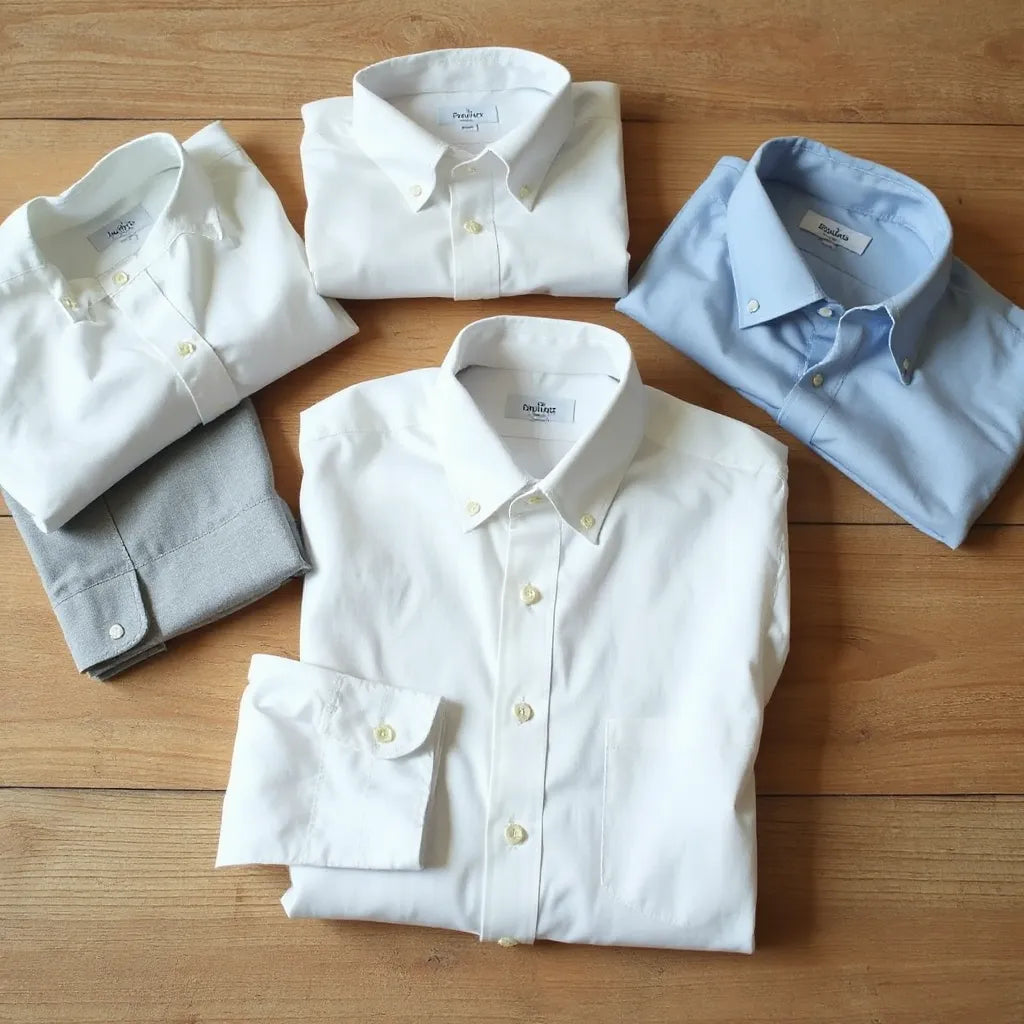 Neatly arranged classic dress shirts showing collars, cuffs, and button details on a wooden surface