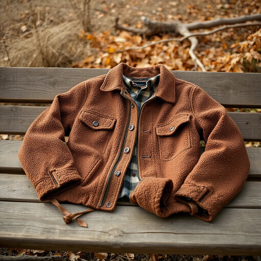 Men’s textured chenille hunting jacket with plaid shirt, shown on a wooden bench in an autumn outdoor setting