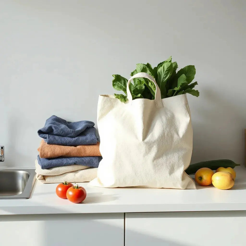 Stack of reusable shopping bags with fresh produce on a light countertop